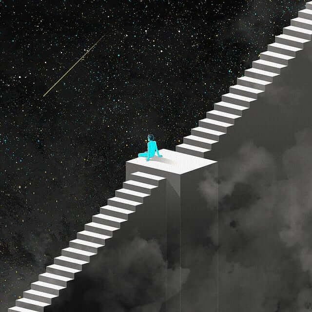 How to Achieve Artistic Talent: Are Artists Born or Made? 5 stages of artistic development for artistic talent illustration of ladder in space, figure sitting down in the middle