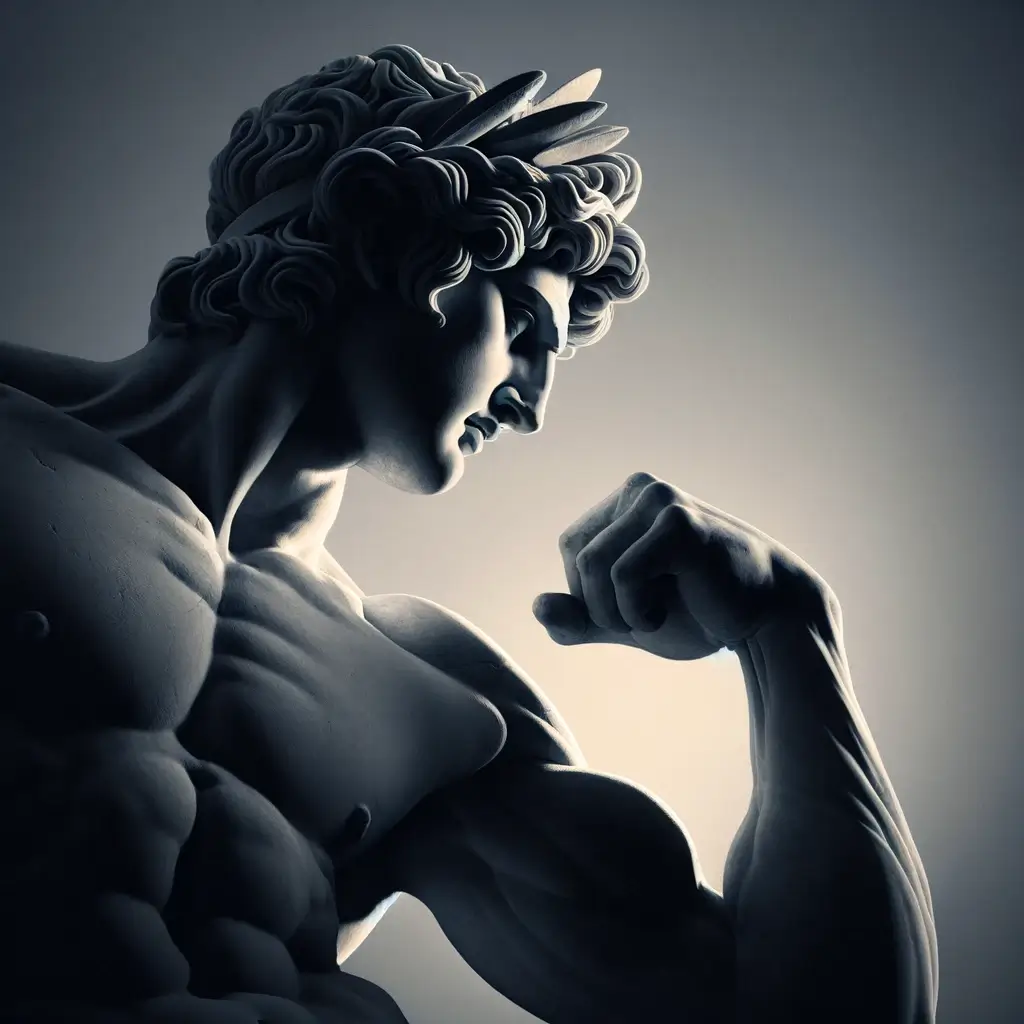 Will AI Replace Artists? Examining Authenticity & Tech Evolution in Art 1 DALL·E 2024 03 04 13.52.05 Generate an image of a Greek sculpture of an Olympian in a classical Greek style with a minimal background but dramatic lighting 1