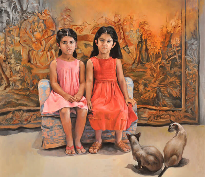 The Allure of Figurative Art: Rima Jabbur on Embodying the Canvas 9 rima jabbur figurative painting and figurative art, two young girls painted with two cats.