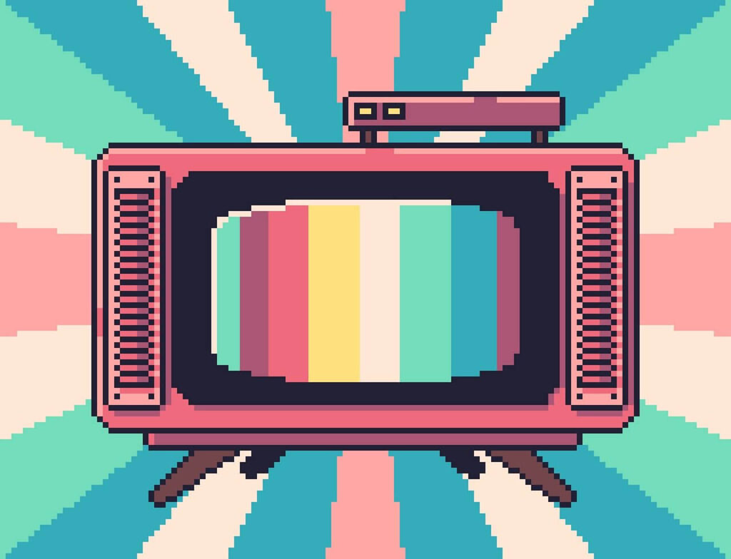 Video Art Image with a pixelated television with a rainbow colored screen